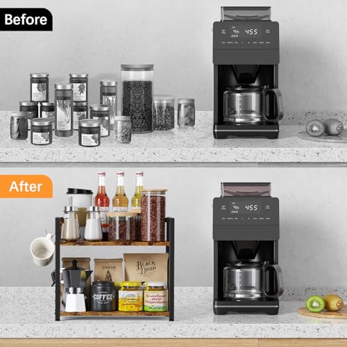 RUILALIFE 2 Tier Kitchen Counter Shelf Organizer, Coffee Bar Station Organizer for Countertop，Space Saving Spice Rack, Desk Shelf Riser, Coffee Bar Accessories(Rustic Brown, Medium)