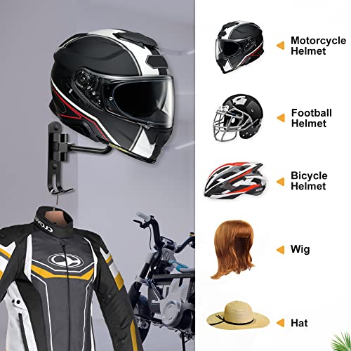 Motorcycle Helmet Holder (2 Pack) Wall Mount for Football /Bicycle Helmet | Helmet Hanger 180° Rotation Helmet Rack with Double Hook for Helmet, Hat, Cap, Sportswear, Motorcycle Accessories