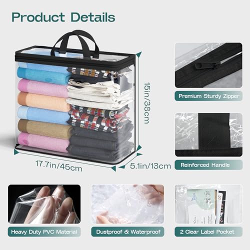 Under Bed Storage Bags Organizer, 22L Clear Storage Bags, Bags Organizer Clear Zipper Containers Bedroom, Storage Bag for Sweater, Clothes, Shoe Toy, Blanket, Sheet (Black,10PACK)