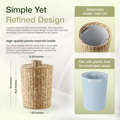 Tidita Water Hyacinth Bathroom Garbage Can with a Lid, 2 Gallon Capacity | Water Hyacinth, Iron Frame, Removable Liner, Compact, Handwoven Design, Boho Style, Kitchen, Bedroom, Office, No Assembly