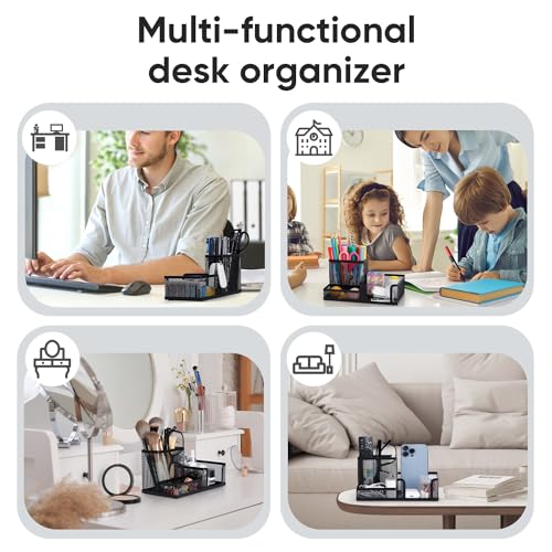 deli Mesh Desk Organizer, Black | Office Supplies Caddy with Pencil Holder and Storage Baskets for Desktop Accessories, 3 Compartments