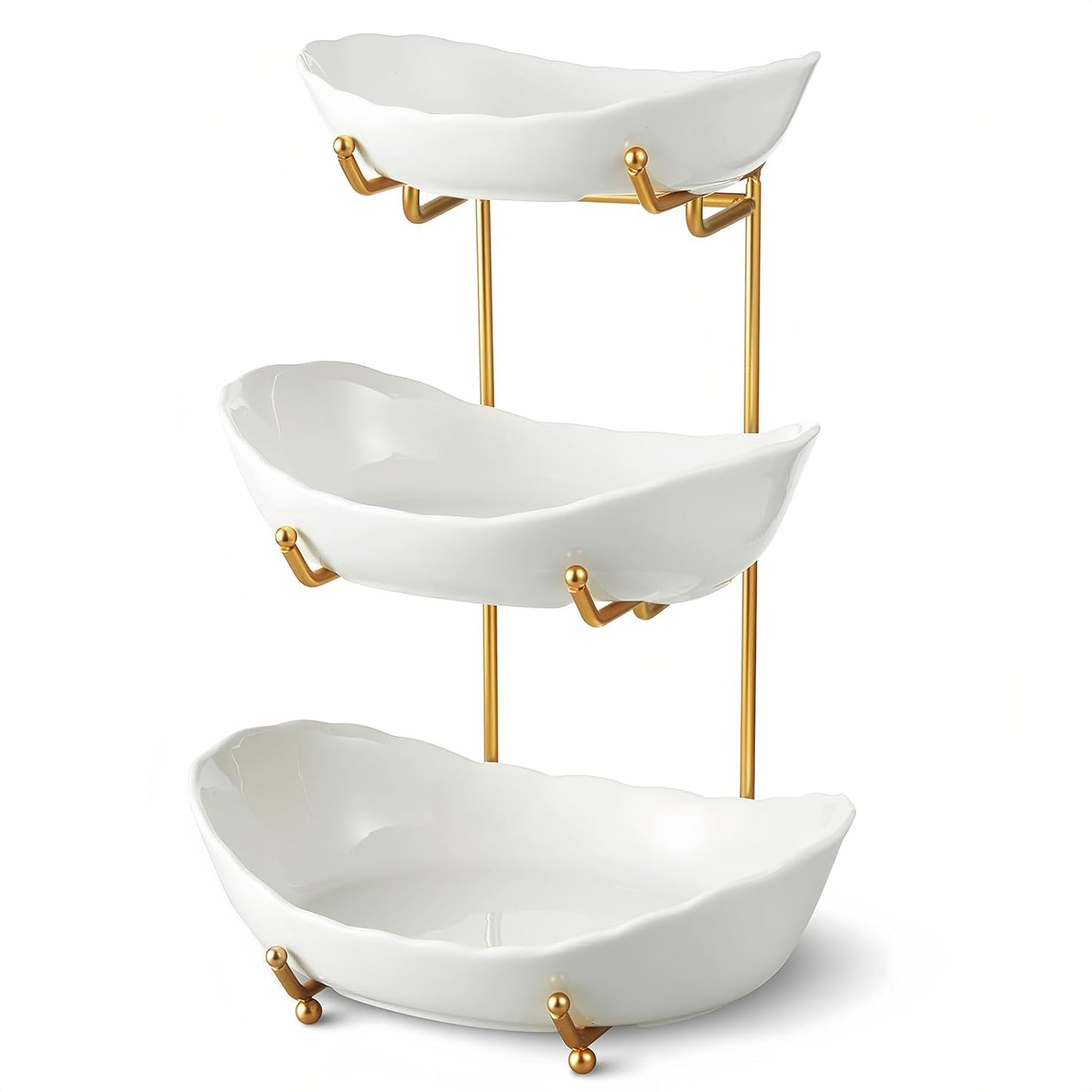 Ceramic Fruit Bowl for Kitchen Counter - 3 Tier Fruit Basket with Metal Stand, Tiered Fruit Stand for Countertop, Snack, Nuts, Cake, Dessert, Cute (Gold, Small) 1