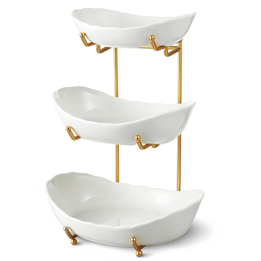 Ceramic Fruit Bowl for Kitchen Counter - 3 Tier Fruit Basket with Metal Stand, Tiered Fruit Stand for Countertop, Snack, Nuts, Cake, Dessert, Cute (Gold, Small) 1