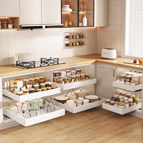 2Pack Pull out Cabinet Organizer 21"Deep with 4 Adjustable Dividers,Expandable（12.1"-20.4"W） Pots and Pans Organizer Under Cabinet with Raising Pad for Framed Cabinets,Slide out Drawers,White