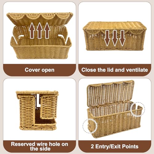 Scalloped Edge Handmade Cable Management Box, Elegant Plastic Rattan Cable Organizer, 2 Open Slots Sturdy Cord Hider Box, Under Desk Cord Organizer for Home TV Wires Computer Router USB Hub Strips