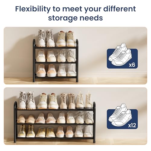 ENJOYBASICS 3 Tier Expandable Shoe Rack, Metal Small Shoes Shelf, Black | Free Standing Shoe Holder for 12 Pairs, Sturdy Shoe Organizer for Closet, Entryway, Under Bed ,Front Door, Bedroom
