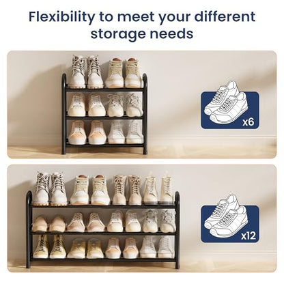 ENJOYBASICS 3 Tier Expandable Shoe Rack, Metal Small Shoes Shelf, Black | Free Standing Shoe Holder for 12 Pairs, Sturdy Shoe Organizer for Closet, Entryway, Under Bed ,Front Door, Bedroom