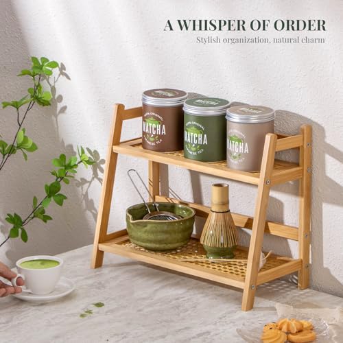 ANBOXIT Matcha Station Organizer, Countertop Bamboo Coffee & Tea Station | Rattan-Look 2 Tier Mug Holder Display Stand for Kitchen Condiment, Coffee Accessories, Home, Office