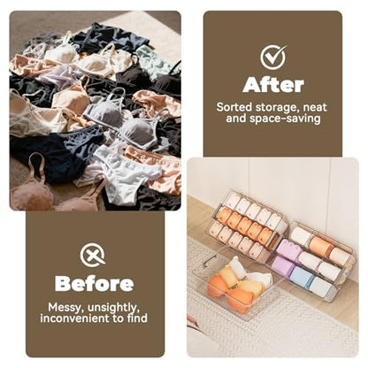 Socks Bra Underwear Drawer Organizer for Closet, 2 PCS Plastic Storage Box with 9 Removable Compartments and Lid, Clear Dresser Drawer Organizer Storage Container with Dividers for Sock Ties Belts