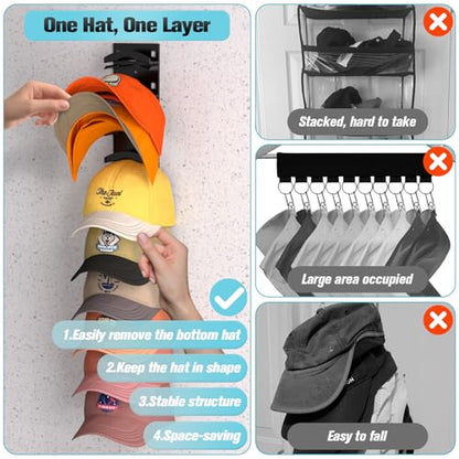 Hat Organizer for Baseball Caps 4Pack, Hat Rack for Wall with Strong Adhesive Hold up to 40 Hats, Hat Hanger Holder Display for Door Closet, Cap Organizer Storage Multilayer Two Mounting Option(Black)