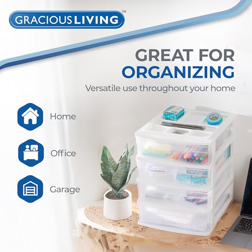 Gracious Living Drawer Organizer, 4-Tier Plastic Storage Desktop Drawers, White Frame - Stackable Clear Desk Containers & Organizers for Shelves, Bathroom, Closet, Kitchen Pantry & Office Organization