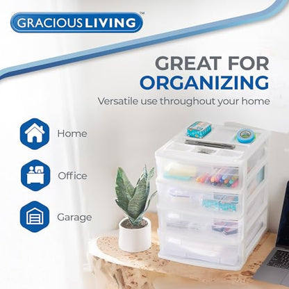 Gracious Living Drawer Organizer, 4-Tier Plastic Storage Desktop Drawers, White Frame - Stackable Clear Desk Containers & Organizers for Shelves, Bathroom, Closet, Kitchen Pantry & Office Organization