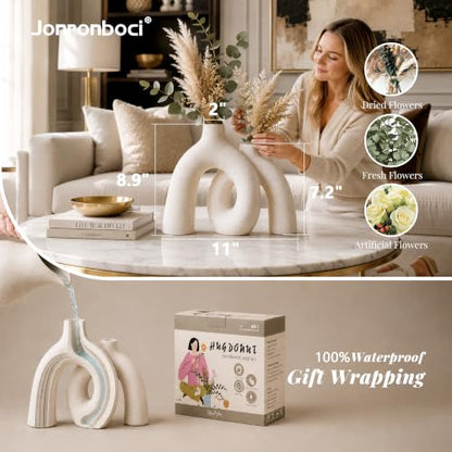 Hug Donut Decorative Vase Set - Modern Nordic Boho Style Vases Home Decor, Matte Ceramic Decorations for Living Room Shelf, Bookshelf Mantle Entryway Table or Console Décor (Cream White)