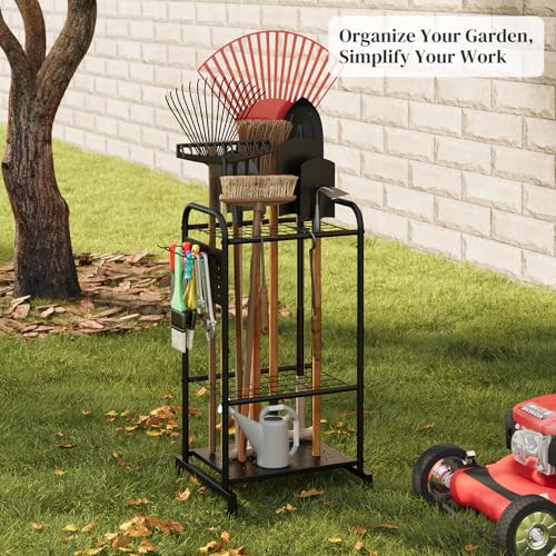 Garden Tool Organizer with Hooks Yard Tool Rack Heavy Duty Steel Yard Tool Organizer and Garden Storage Holder Broom Holder for Shed, Patio, Outdoor Indoor
