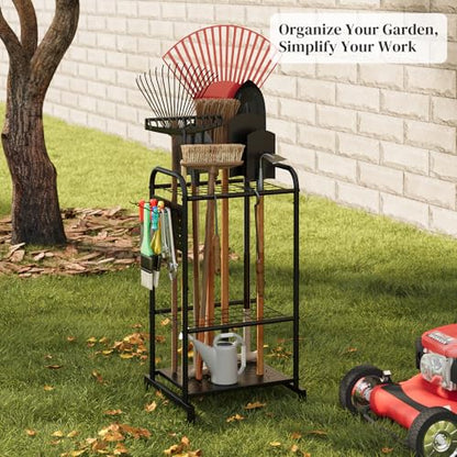 Garden Tool Organizer with Hooks Yard Tool Rack Heavy Duty Steel Yard Tool Organizer and Garden Storage Holder Broom Holder for Shed, Patio, Outdoor Indoor