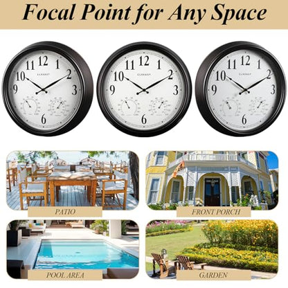 18 Inch Outdoor Clocks for Patio Waterproof & UV Resistant, Black | Built In Thermometer & Hygrometer,IP56 Weatherproof, Accurate & Easy to Read for Patio, Pool, Porch & Garden Decor