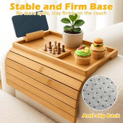 Four Flowers Foldable Bamboo Couch Arm Tray with Detachable Couch Cup Holder– Sofa Armrest Table for Remote, Snacks, Phone – Portable Armrest Caddy Tray for Sofa, Recliner, or Armchair