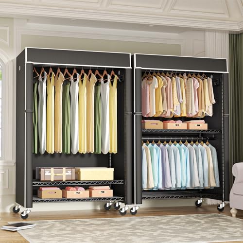 Black Clothing Rack with Black Cover, P1C Plus Rolling Closet | Metal Garment Rack with Wheels for Hanging Clothes, Portable Clothing Storage Wardrobe