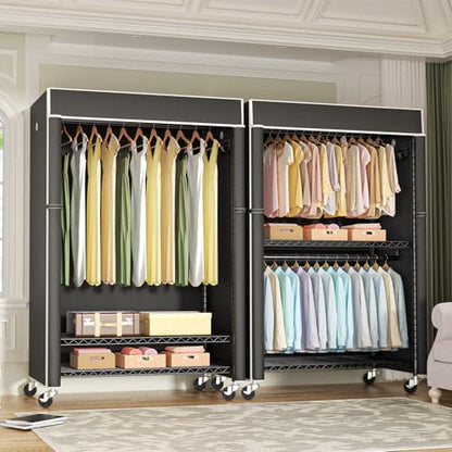Black Clothing Rack with Black Cover, P1C Plus Rolling Closet | Metal Garment Rack with Wheels for Hanging Clothes, Portable Clothing Storage Wardrobe