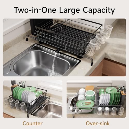 Dish Drying Rack - Expandable Large Dish Rack Over Sink | Drying Dish Drainer for Kitchen Counter, Stainless Steel Dish Strainer with Utensil Holder & Cup Holder, Black