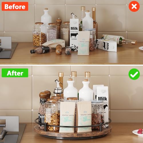 Lazy Susan Organizer：9 Inch Rotating Spice Rack for Kitchen Countertop Round Wooden Turntable Holder for Cabinet, Dining Table, Cupboard Storage – Black
