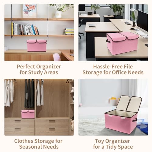 Foldable Fabric Storage Box, 16.5 x 11.8 x 9.8 inches (L x W x H), with Double-Lid & Dividers, Large Organizer for Home, Closet, Office(Pink)