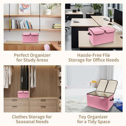Foldable Fabric Storage Box, 16.5 x 11.8 x 9.8 inches (L x W x H), with Double-Lid & Dividers, Large Organizer for Home, Closet, Office(Pink)
