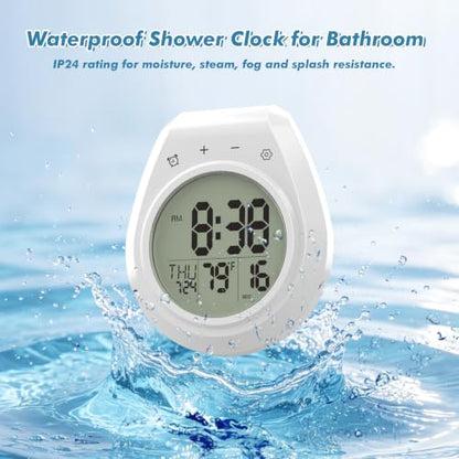 Shower Clock Timer Waterproof, Digital Bathroom Wall Clock with Temperature | w/Date, Suction Cup, for Mirror, Bath, Kitchen, Battery Operated, White