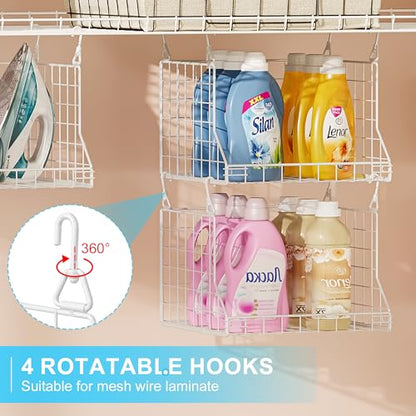 3-Tier Foldable Laundry Basket Organizer with Rotating Hooks(no wire shelf) | Space-Saving Over Washer and Dryer Shelf for Laundry Room Organization and Storage, Durable Wire Shelving Unit, White