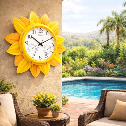 24 Inch Waterproof Sunflower Outdoor Clock, Thermometer Hygrometer | Silent non-ticking movement, metal petal design for patio, garden, pool, garage, porch, and backyard decor