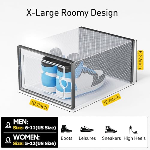 Kuject X-Large Shoe Storage Boxes with Activated Charcoal Packs for Closet | 12 Pack, Odor Absorber, Stackable, Fits Men 11 Women 12, Sneaker Organizer Display Case, Black