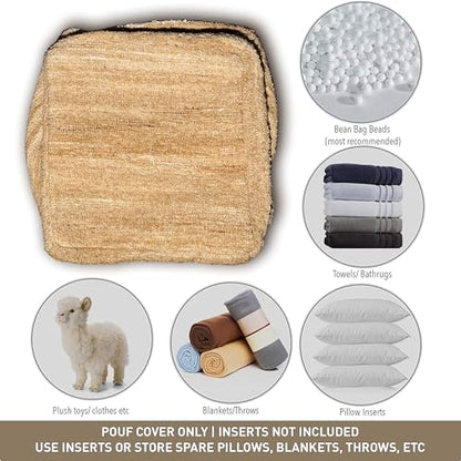 Unstuffed Pouf Ottoman Cover, Beige, 16.5x16.5x12.9 Inches | DIY Fillable Floor Pouf with Storage, Indoor Outdoor Square Ottoman, Footrest, Boho Decorative Floor Pillow