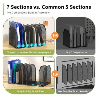 FANXIYQ Black 7-Section File Folder Organizer for Desk, Metal Vertical File Holder Stand, Desktop File Organizer Rack for Letter/A4 Folders, Papers, Books, Office Classroom Home