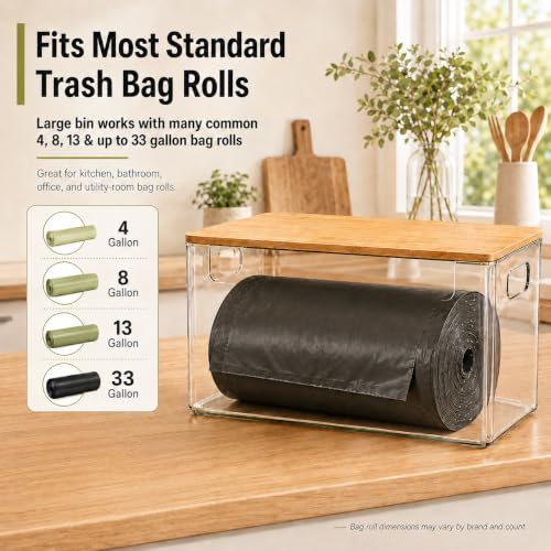 3 Pack Pantry Organizers and Storage Bins with Bamboo Lids,Trash Bag Holder | Stackable Containers for Potato,Onion,Fruit,Vegetable,Clear Dispenser for Kitchen Countertop,Cabinet and Under Sink