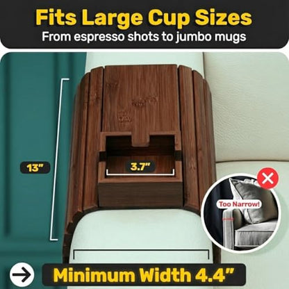 Bamboo Couch Cup Holder, Foldable Couch Armrest Table, Non-Slip Couch & Sofa Arm Tray for Drinks & Snacks - Brown