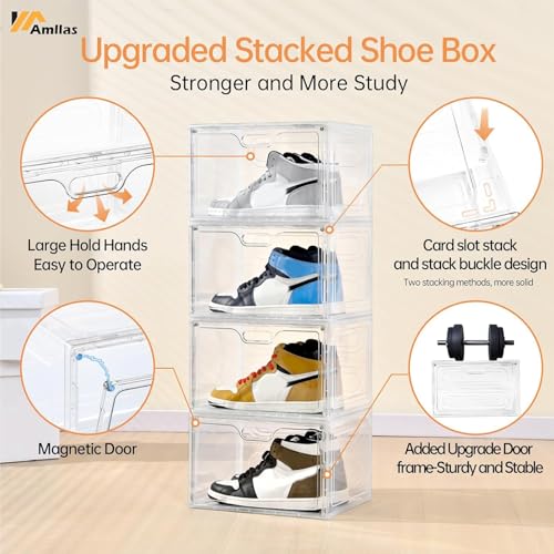 8 Pack Shoe Boxes Clear Plastic Stackable, Large Shoe Storage Organizer with Lids,Drop Side Shoe Containers for Entryway,Sneaker Storage Fit up to US Size 13 (13’’x 10.6”x 8.3”)
