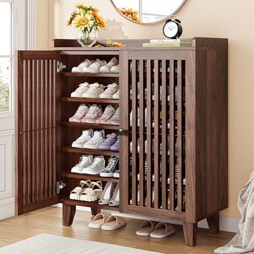 IRONCK Shoe Cabinet with Slatted Doors, 6-Tier Shoe Storage Cabinet, Walnut | Adjustable Shelves, Wooden Shoe Rack Organizer for Entryway, Hallway, Closet, Living Room