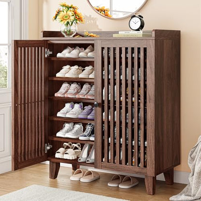 IRONCK Shoe Cabinet with Slatted Doors, 6-Tier Shoe Storage Cabinet, Walnut | Adjustable Shelves, Wooden Shoe Rack Organizer for Entryway, Hallway, Closet, Living Room