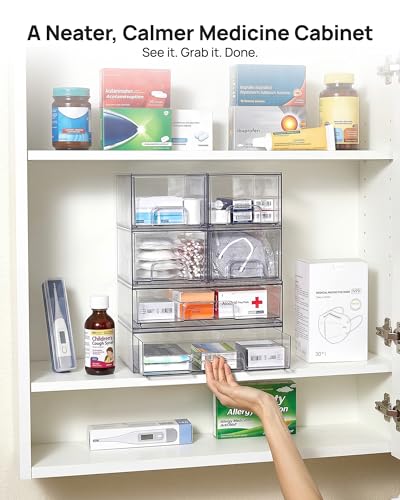 Vtopmart Stackable Storage Drawers Set of 6, Clear Plastic Organizer Bins for Bathroom Supplies, Ideal for Cabinet,Shelf, Pantry, Laundry Room Organization