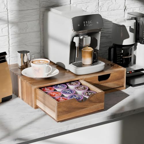 Wooden K Cup Organizer, Acacia Coffee Pods and Tea Organizer Holder | 30 Pod Capacity Coffee Pod Storage Box for K Cup Compatible Pods and Tea Bags, Countertop Coffee Station for Home Kitchen