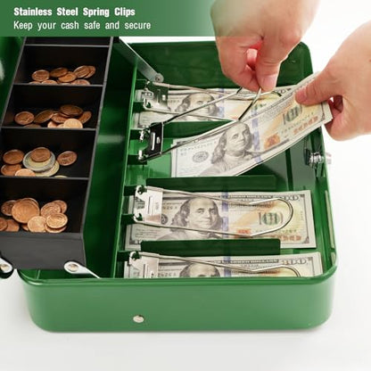 Cash Box with Lock Key and Money Tray - Large Money Box for Cash Register, Metal Lock Box for Money Safe 11.8" x 9.4" x 3.54" Green