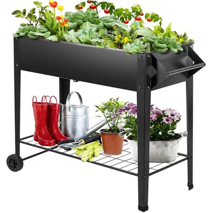 DNKMOR 32" Tall Raised Garden Bed Outdoor with Wheels & Storage Shelf or Mobility,Mobile Anti-Rust Steel Planters for Outdoor Plants,Planter Box for Vegetables/Flower/Herbs,Patio-Balcony-Backyard