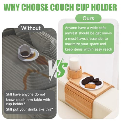 Couch Cup Holder Tray,Large Bamboo Couch Armrest Table with Cup Holder,Foldable Anti-Slip Sofa Arm Tray for Coffee Cup,Water Bottles,Mug,Snacks,Remote