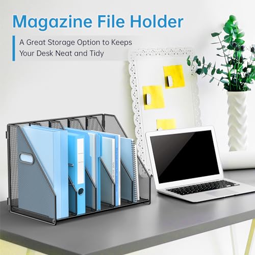 MINDEPOT Desk File Organizer Folder Holder with 5 Vertical for Office Black | Sturdy Metal Mesh, Magazine Folder Holder, Rack File Organizer for Home School, 5 Vertical Compartments