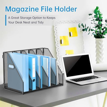 MINDEPOT Desk File Organizer Folder Holder with 5 Vertical for Office Black | Sturdy Metal Mesh, Magazine Folder Holder, Rack File Organizer for Home School, 5 Vertical Compartments