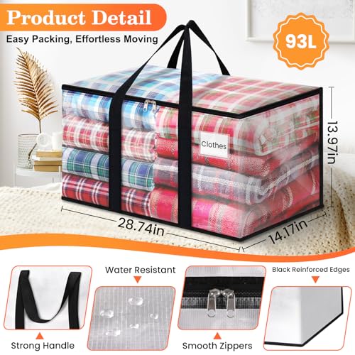 Moving Bags, Extra Large Heavy Duty Storage Bags, 93L, 8 Packs | Packing Bags with Smooth Zippers, Strong Handles & Tag Pocket, Water-Resistant Foldable Storage Totes, Moving Box Alternative