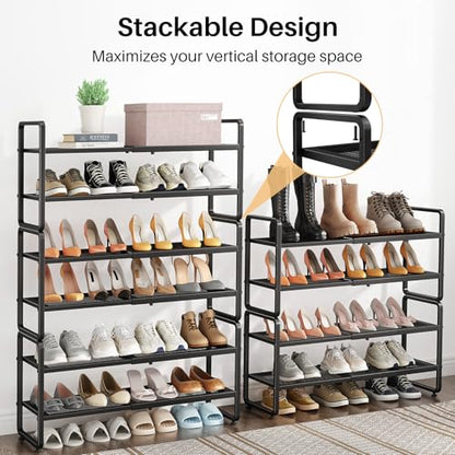 Expandable Metal Shoe Rack for Closet, Entryway & Garage, 4-Tier, Black | Adjustable Height for Boots, Stackable Design, Dense Mesh Shelves for Heels, Fits Small Spaces, Apartments and Rentals