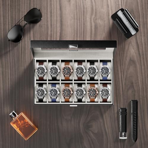 ProCase Watch Box Organizer, 12 Slot Watch Display Case, Black | Watches Storage Boxes Holder for Men Women, Large Glass Lid, Removable Pillows, Anniversary Christmas Birthday Gifts