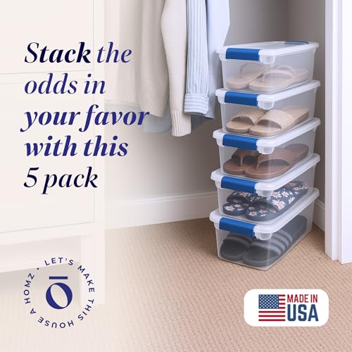 HOMZ 7.5 Quart Clear Plastic Stackable Storage Container Tote with Secure Latching Lid for Home and Office Organization, 5 Pack