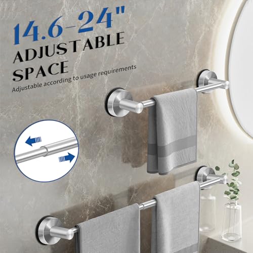 Adjustable Suction Cup Towel Bar for Bathroom Wall, 14.6–24 Inches Brushed Nickel Towel Bar, Stainless Steel Bath Towel Holder, Towel Racks for Bathroom Shower (Brushed Nickel)